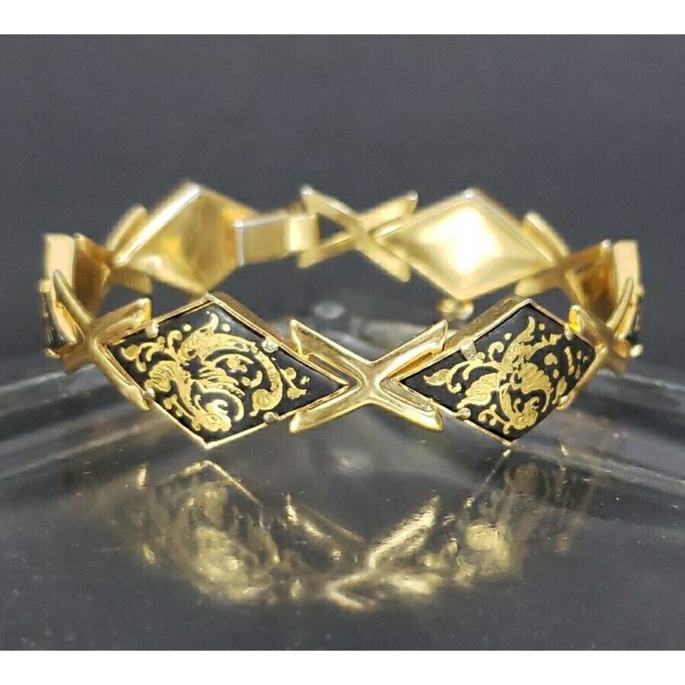 Damascene 7" Bracelet Diamond Shape Dragon Serpents Gold Tone Safety Chain VTG